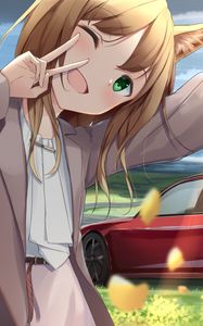 Preview wallpaper girl, smile, neko, gesture, selfie, car, anime