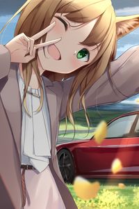 Preview wallpaper girl, smile, neko, gesture, selfie, car, anime