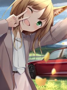 Preview wallpaper girl, smile, neko, gesture, selfie, car, anime