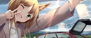 Preview wallpaper girl, smile, neko, gesture, selfie, car, anime