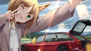 Preview wallpaper girl, smile, neko, gesture, selfie, car, anime
