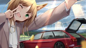 Preview wallpaper girl, smile, neko, gesture, selfie, car, anime