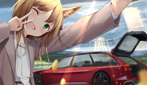 Preview wallpaper girl, smile, neko, gesture, selfie, car, anime