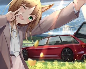 Preview wallpaper girl, smile, neko, gesture, selfie, car, anime