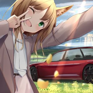 Preview wallpaper girl, smile, neko, gesture, selfie, car, anime