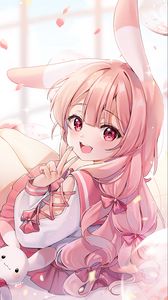 Preview wallpaper girl, smile, neko, gesture, anime, pink