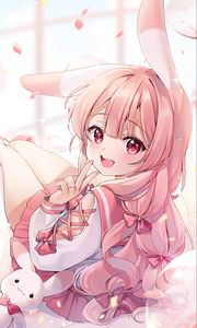 Preview wallpaper girl, smile, neko, gesture, anime, pink