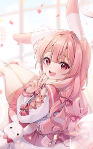 Preview wallpaper girl, smile, neko, gesture, anime, pink