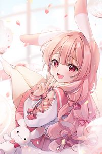 Preview wallpaper girl, smile, neko, gesture, anime, pink