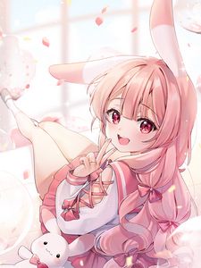 Preview wallpaper girl, smile, neko, gesture, anime, pink