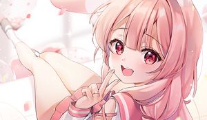 Preview wallpaper girl, smile, neko, gesture, anime, pink
