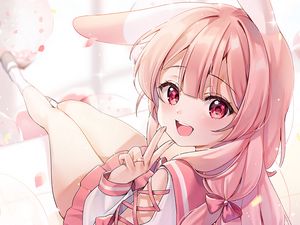 Preview wallpaper girl, smile, neko, gesture, anime, pink