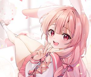 Preview wallpaper girl, smile, neko, gesture, anime, pink