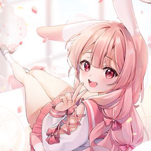 Preview wallpaper girl, smile, neko, gesture, anime, pink