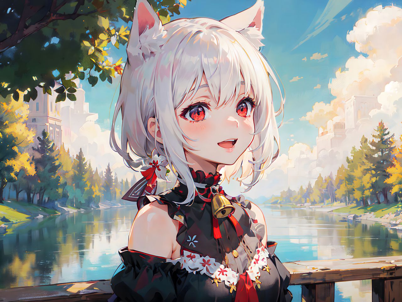 Download wallpaper 1280x960 girl, smile, neko, bell, river, anime ...