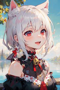 Preview wallpaper girl, smile, neko, bell, river, anime