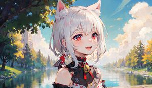 Preview wallpaper girl, smile, neko, bell, river, anime