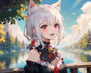 Preview wallpaper girl, smile, neko, bell, river, anime