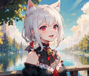 Preview wallpaper girl, smile, neko, bell, river, anime