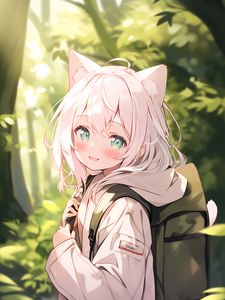 Preview wallpaper girl, smile, neko, backpack, anime