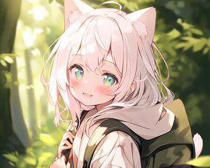 Preview wallpaper girl, smile, neko, backpack, anime