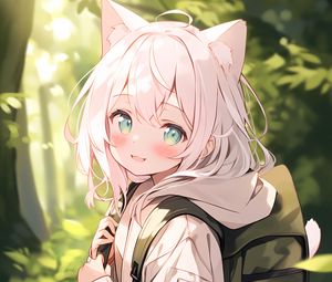 Preview wallpaper girl, smile, neko, backpack, anime