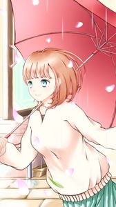 Preview wallpaper girl, smile, petals, umbrella, anime