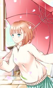 Preview wallpaper girl, smile, petals, umbrella, anime