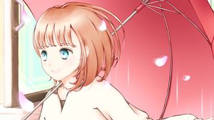 Preview wallpaper girl, smile, petals, umbrella, anime