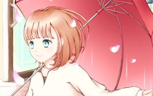 Preview wallpaper girl, smile, petals, umbrella, anime