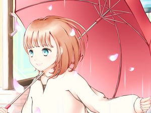 Preview wallpaper girl, smile, petals, umbrella, anime