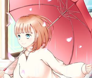 Preview wallpaper girl, smile, petals, umbrella, anime