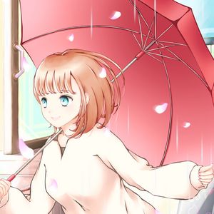 Preview wallpaper girl, smile, petals, umbrella, anime