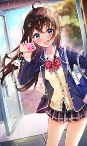 Preview wallpaper girl, smile, phone, happy, anime, art