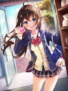 Preview wallpaper girl, smile, phone, happy, anime, art