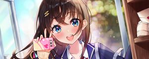 Preview wallpaper girl, smile, phone, happy, anime, art