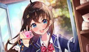 Preview wallpaper girl, smile, phone, happy, anime, art