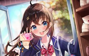 Preview wallpaper girl, smile, phone, happy, anime, art