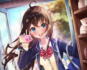 Preview wallpaper girl, smile, phone, happy, anime, art