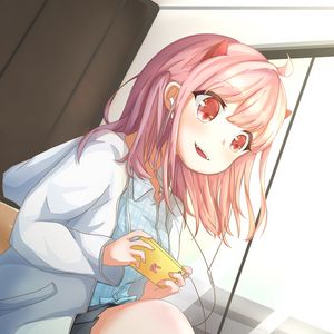 Preview wallpaper girl, smile, phone, gamer, anime