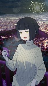 Preview wallpaper girl, smile, phone, fireworks, anime