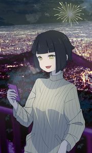 Preview wallpaper girl, smile, phone, fireworks, anime