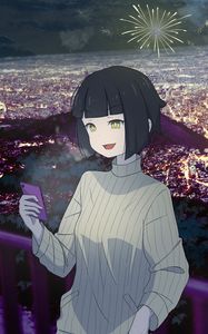 Preview wallpaper girl, smile, phone, fireworks, anime