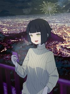 Preview wallpaper girl, smile, phone, fireworks, anime