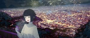 Preview wallpaper girl, smile, phone, fireworks, anime