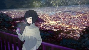 Preview wallpaper girl, smile, phone, fireworks, anime
