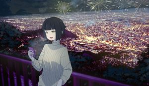 Preview wallpaper girl, smile, phone, fireworks, anime