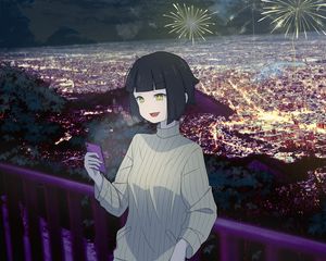 Preview wallpaper girl, smile, phone, fireworks, anime