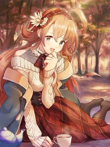 Preview wallpaper girl, smile, picnic, autumn, anime