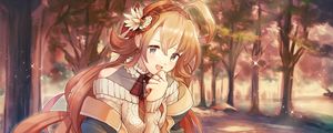 Preview wallpaper girl, smile, picnic, autumn, anime